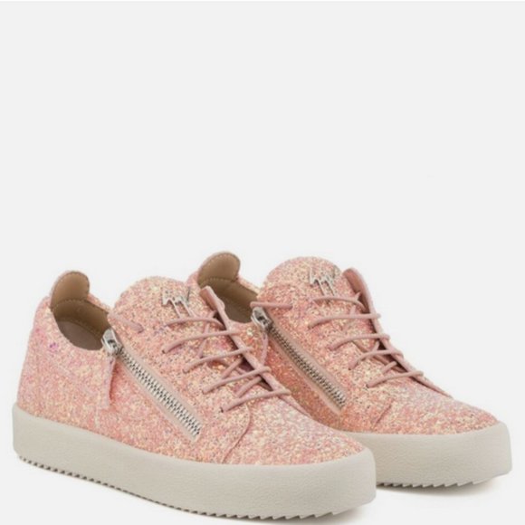 $650 Giuseppe Zanotti May Coarse Pink Glitter Side Zip Sneakers